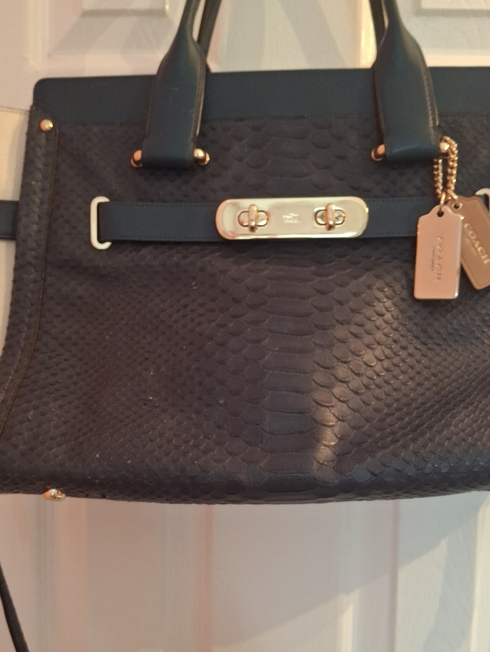 Coach Navy Faux-Snake Leather Satchel with Gold Tags